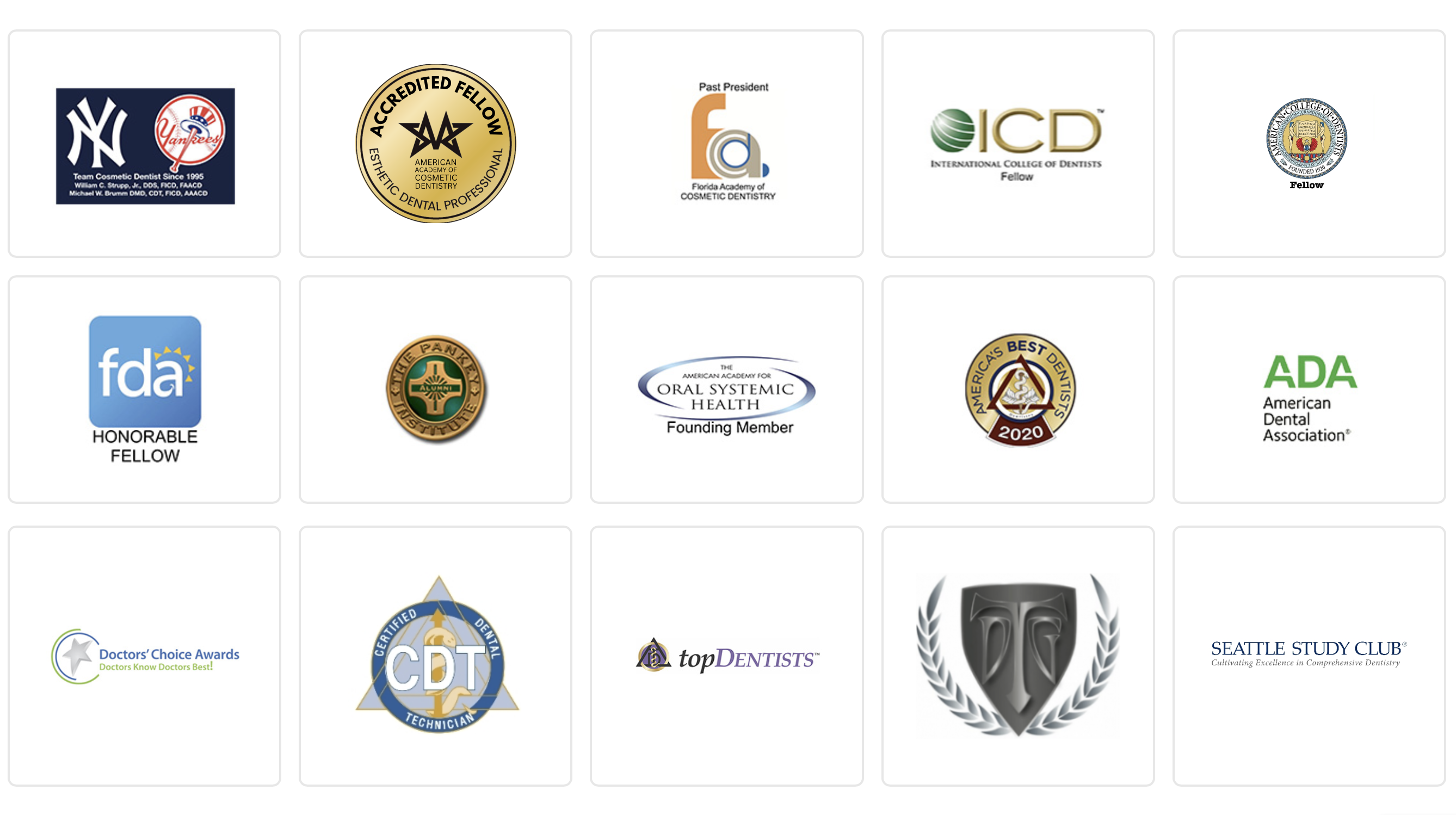 Strupp & Brumm credentials grid — AACD Accredited Fellow, NY Yankees Team Cosmetic Dentist, ADA, FDA Honorable Fellow, ICD Fellow, ACD Fellow, Florida Academy of Cosmetic Dentistry Past President, Oral Systemic Health Founding Member, America's Best Dentists 2020, Doctors' Choice Awards, Certified Dental Technician (CDT), topDentists, Seattle Study Club