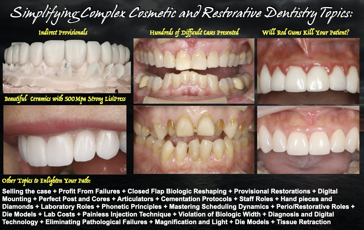 Simplifying Complex Cosmetic and Restorative Dentistry Topics — clinical case photo collage with curriculum bullet points