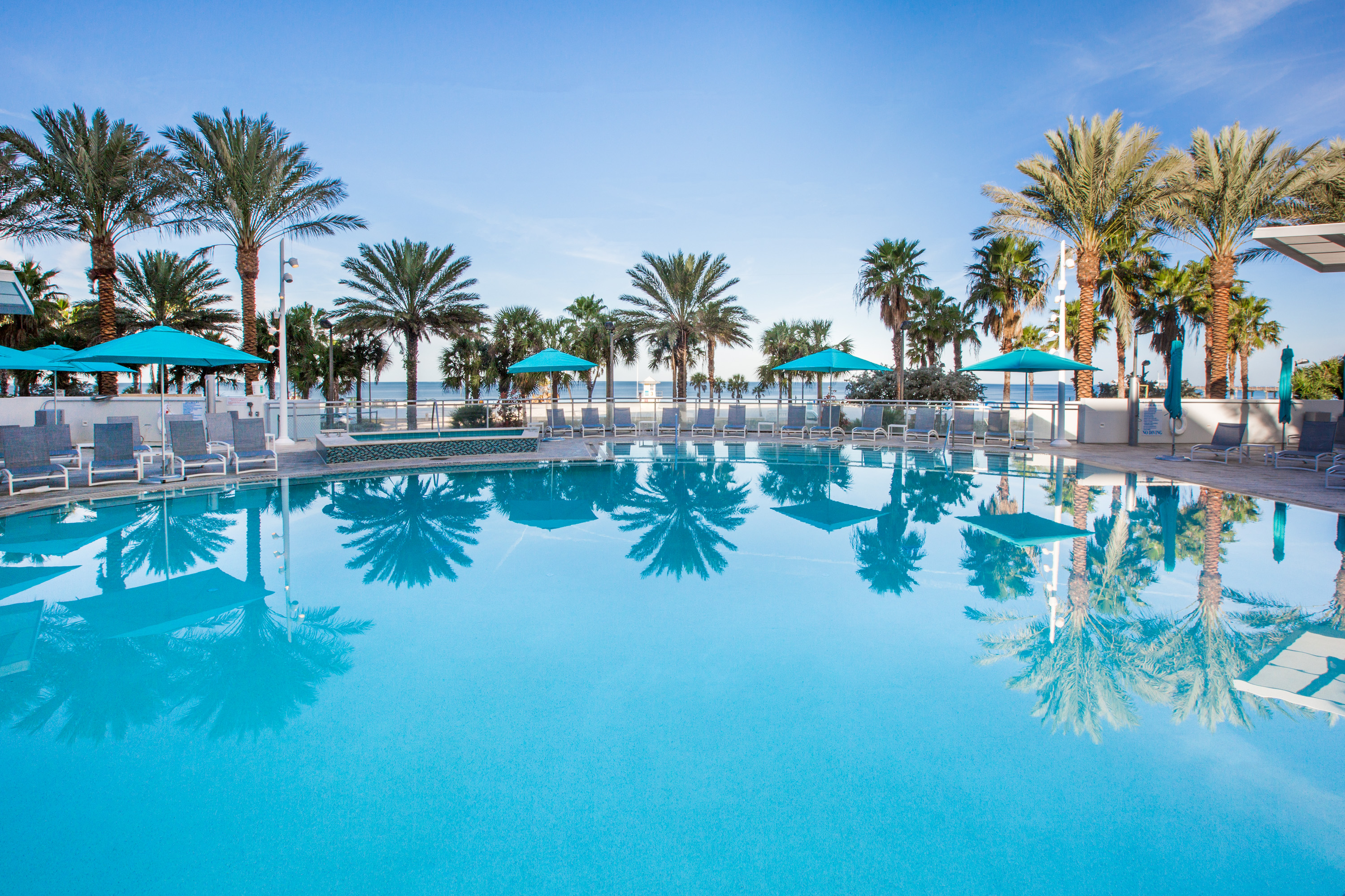 Wyndham Grand Clearwater Beach — heated beachfront pool with palm trees and the Gulf of Mexico in the background